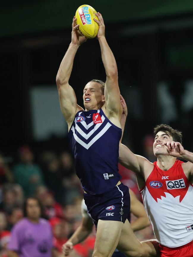 Nat Fyfe tried hard but wasn’t at his dynamic best. Picture. Phil Hillyard