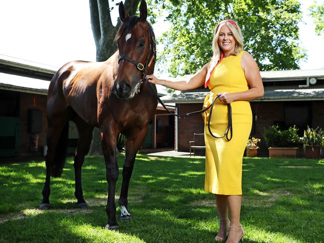 Samantha Armytage with Everest contender Libertini at Anthony Cummings’ stables in Randwick. Picture: Tim Hunter