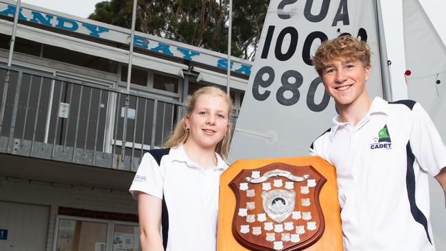 Representatives from the Tasmanian International Cadet Sailing team Olive Hooper aged 14 and Sam Hooper aged 16 from Sandy Bay Sailing club.Picture: Linda Higginson