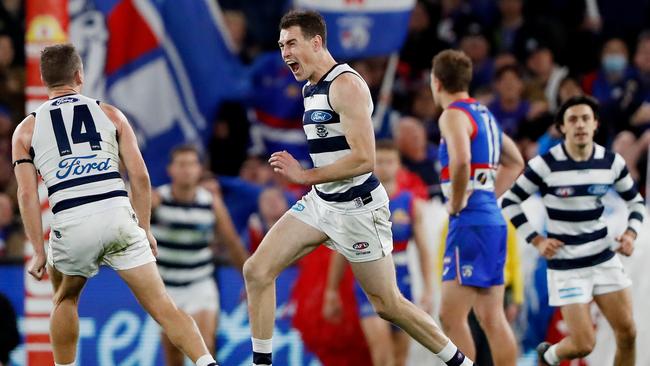 Jeremy Cameron celebrates a goal for the Cats. Picture: Dylan Burns/AFL Photos