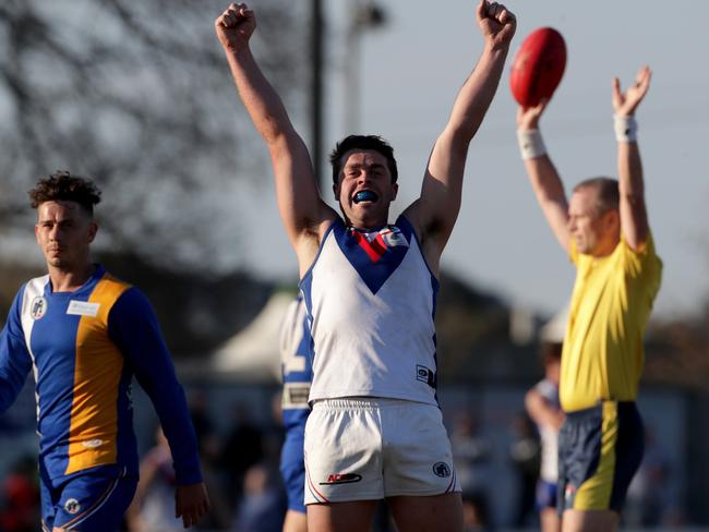 Liam McVeigh celebrates on the final siren of this year’s NFL Division 1 grand final.