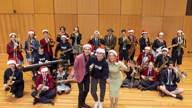 Geelong Schools Big Band with Thomas Currie, Sophie Walker and Kim Cooper with Concert band conductor Gary Tigani. Picture: Supplied