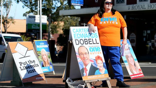 One Nation volunteer Judy Maitland at the Wyong Pre-Polling centre. Picture: Troy Snook