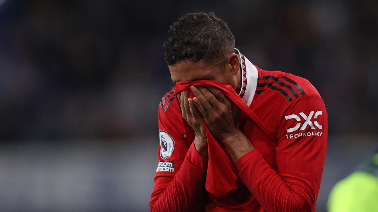 Manchester United's French defender Raphael Varane leaves the field in tears. Picture: AFP