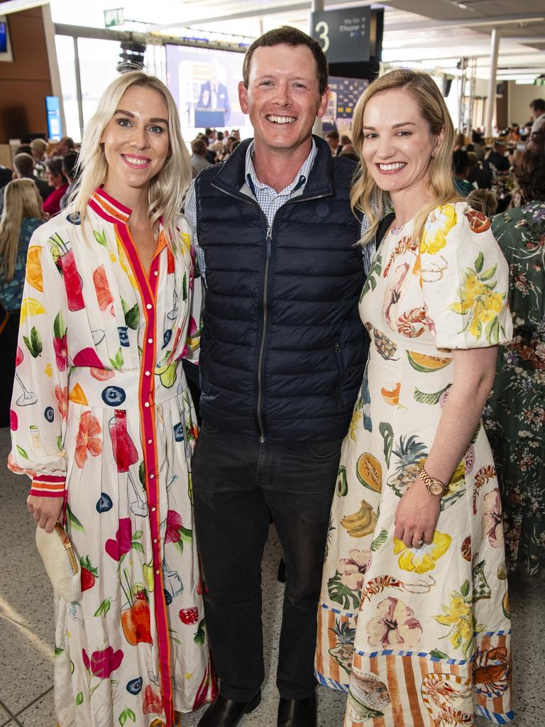 Will Brown with Tess Wagner (left) and Caity Hogan at It's A Bloke Thing 2023 at Wellcamp Airport, Friday, August 18, 2023. Picture: Kevin Farmer