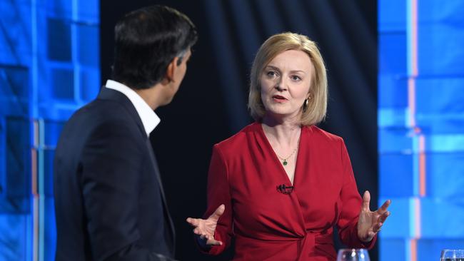 Rishi Sunak, left, and Liz Truss during Britain's Next Prime Minister: The ITV Debate at Riverside Studios on Monday (AEST). Picture: Getty Images