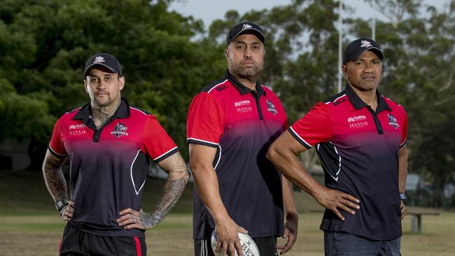 Griffith Uni Knights rugby club team coaches, Richard Kingi, Mika Tufuga and Johnny Ngauamo. Picture: Jerad Williams