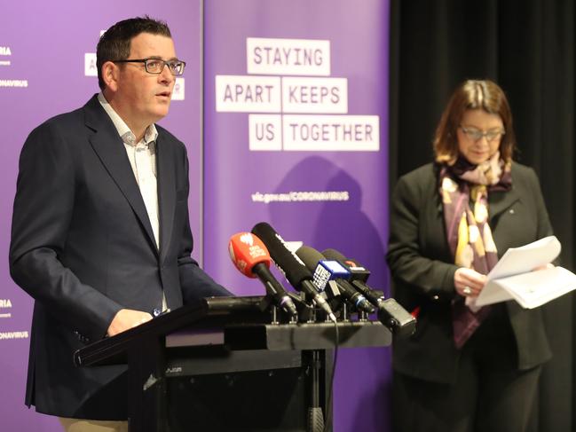 Victorian Premier Daniel Andrews with Victorian Health Minister Jenny Mikakos during the Sunday press conference in Melbourne.