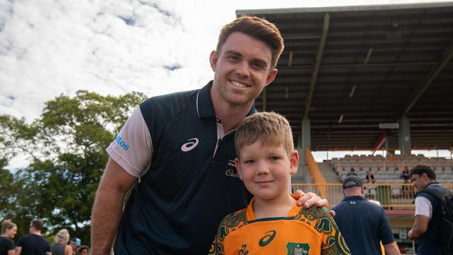 Andrew Kellaway and Mitchell Fraser as the Wallabies get around the NT Rugby Union community before the 2023 World Cup. Picture: Pema Tamang Pakhrin