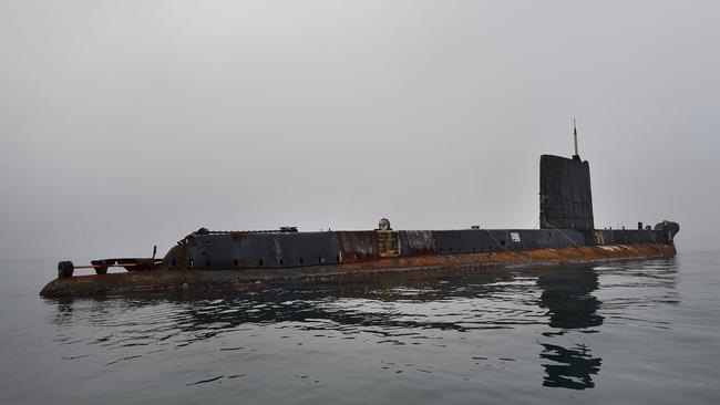 Ex-HMAS Otama, in Western Port Bay, was damaged in recent storms. Picture: Nicki Connolly