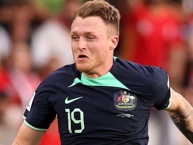 DOHA, QATAR - JANUARY 18: Harry Souttar of Australia runs with the ball during the AFC Asian Cup Group B match between Syria and Australia at Jassim Bin Hamad Stadium on January 18, 2024 in Doha, Qatar. (Photo by Robert Cianflone/Getty Images)