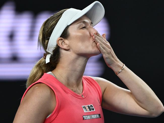 MELBOURNE, AUSTRALIA - JANUARY 16: Danielle Collins of the United States celebrates winning match point in the Women's Singles Second Round match against Destanee Aiava of Australia during day five of the 2025 Australian Open at Melbourne Park on January 16, 2025 in Melbourne, Australia. (Photo by Hannah Peters/Getty Images)