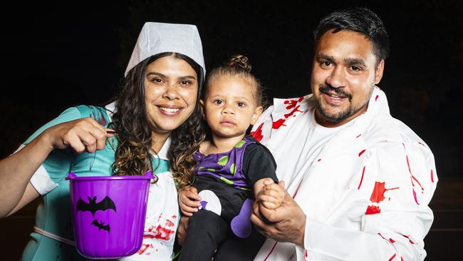 Felicity Sandy and Juliean Bligh take Jaala trick or treating on Halloween, Thursday, October 31, 2024. Picture: Kevin Farmer