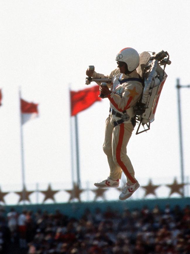 The rocket man arrives at the 1984 Opening Ceremony in LA.