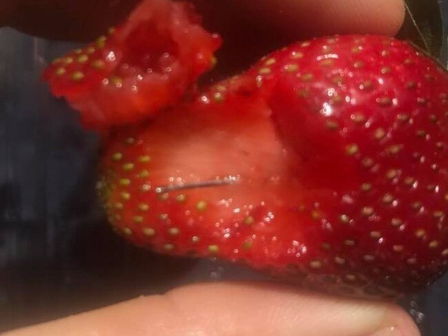 A strawberry found with a sewing needle in it at Woolworths. Picture: Supplied/Facebook