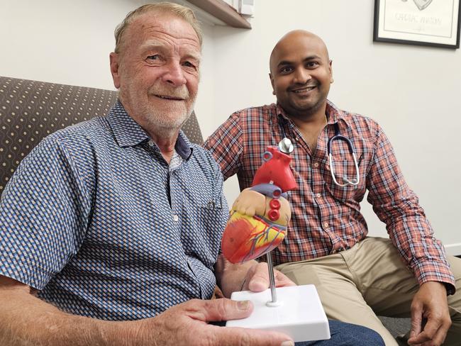 Toowoomba's Michael Lynch, pictured with St Vincent's Private Hospital interventional cardiologist Dr Anudeep Gupta, is the city's first recipient of an orbital atherectomy to remove hardened plaque from the arteries connected to his heart.