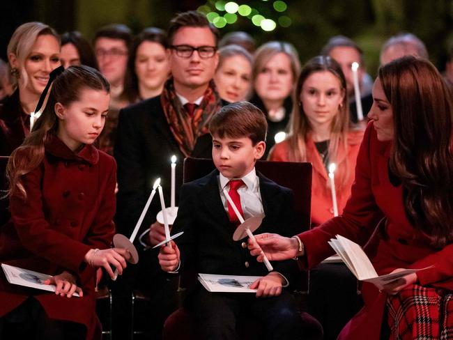 Princess Charlotte of Wales (L), Prince Louis of Wales (C) and Catherine, Princess of Wales attend the 