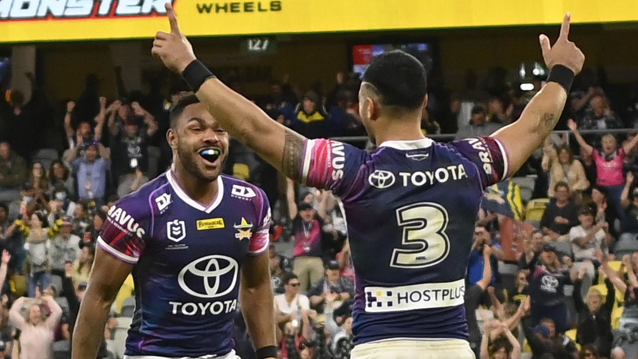 Valentine Holmes celebrates kicking the winning penalty goal. Picture: Ian Hitchcock/Getty