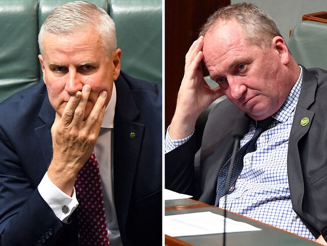 Deputy PM and Nationals leader Michael McCormack and former leader Barnaby Joyce. Picture: AAP