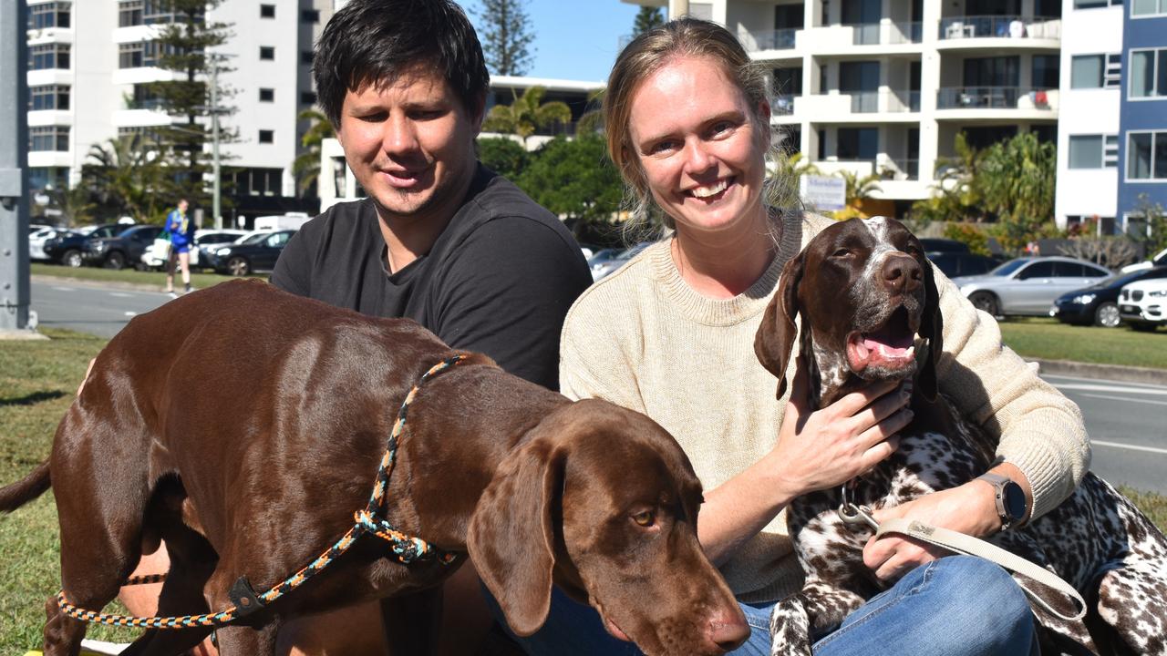 Dogs Jake and Amy with Rudi and Karien Human at the 2022 Sunshine Coast Marathon. Picture: Eddie Franklin