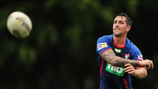 Mitchell Pearce has turned out for his first training session with his new club the Newcastle Knights. Picture: Brett Costello