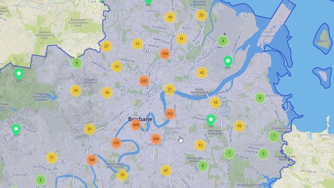 A screengrab of the Cyclist feedback map of the Move Safe Brisbane campaign for Brisbane City Council, Monday, Aug 27, 2018 at 11am. The