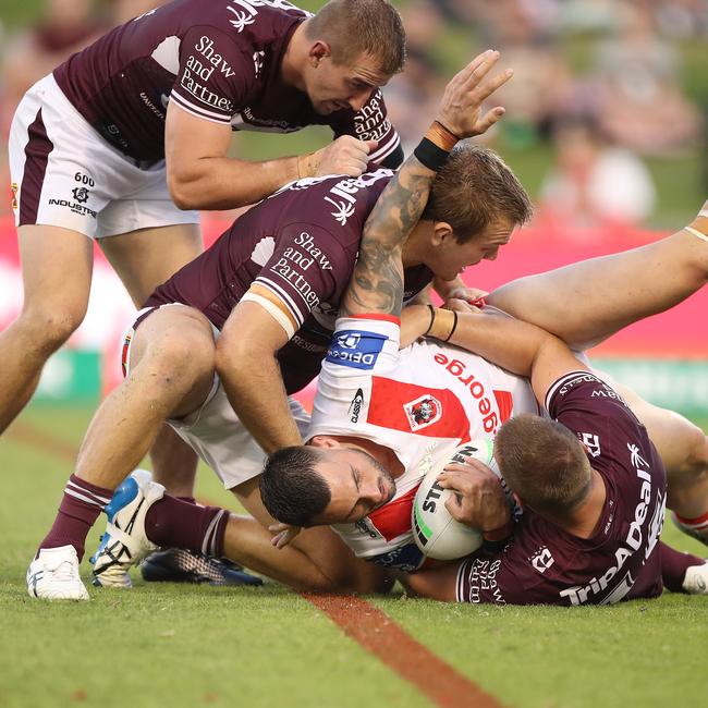 Jack Bird of the Dragons is tackled. Picture: Mark Kolbe/Getty Images