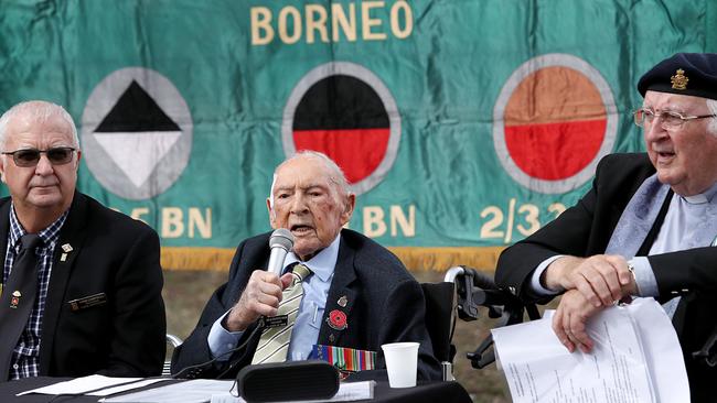 President of 6th machine gun battalion association John Campbell, president of the 7th Division Dick Payten and Reverend John Bunyan at an Anzac Day service in 2018. Picture: Carmela Roche