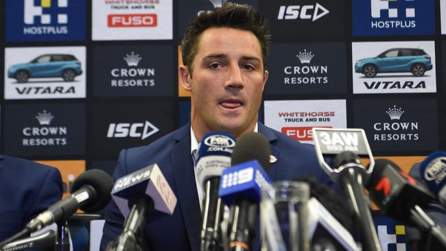 Melbourne Storm's Cooper Cronk announces his move to the Harbour City in 2018 at AAMI Park. Picture: Tony Gough