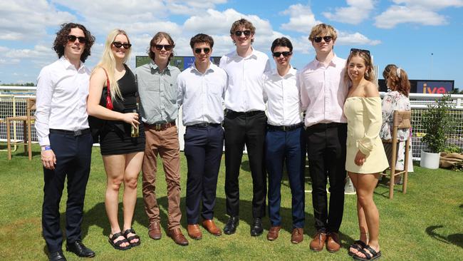 MELBOURNE, AUSTRALIA – OCTOBER 16 2024 Chloe, Bronwyn, Ryan, Indy, Callum, Jackson, Bailey and Oscar at the Caulfield Social race day at Caulfield racecourse on Wednesday 16th October, 2024 Picture: Brendan Beckett