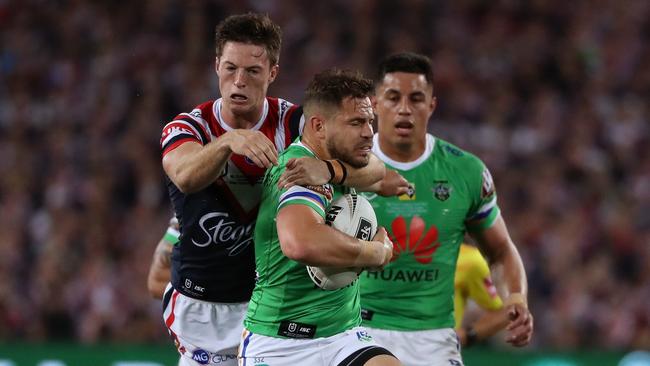 Aidan Sezer gets taken high during the NRL Grand Final. Picture: Jonathan Ng