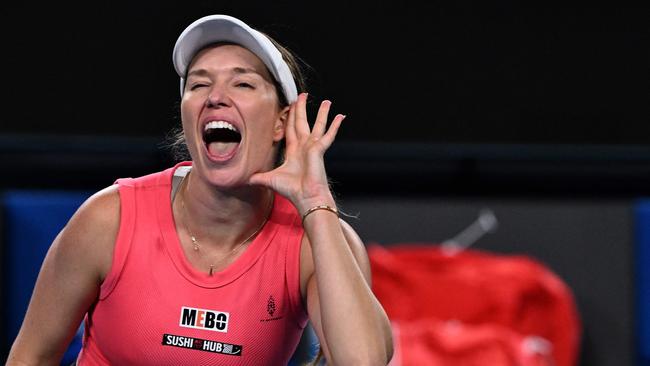 Danielle Collins gives it to the crowd after her victory. (Photo by WILLIAM WEST / AFP)