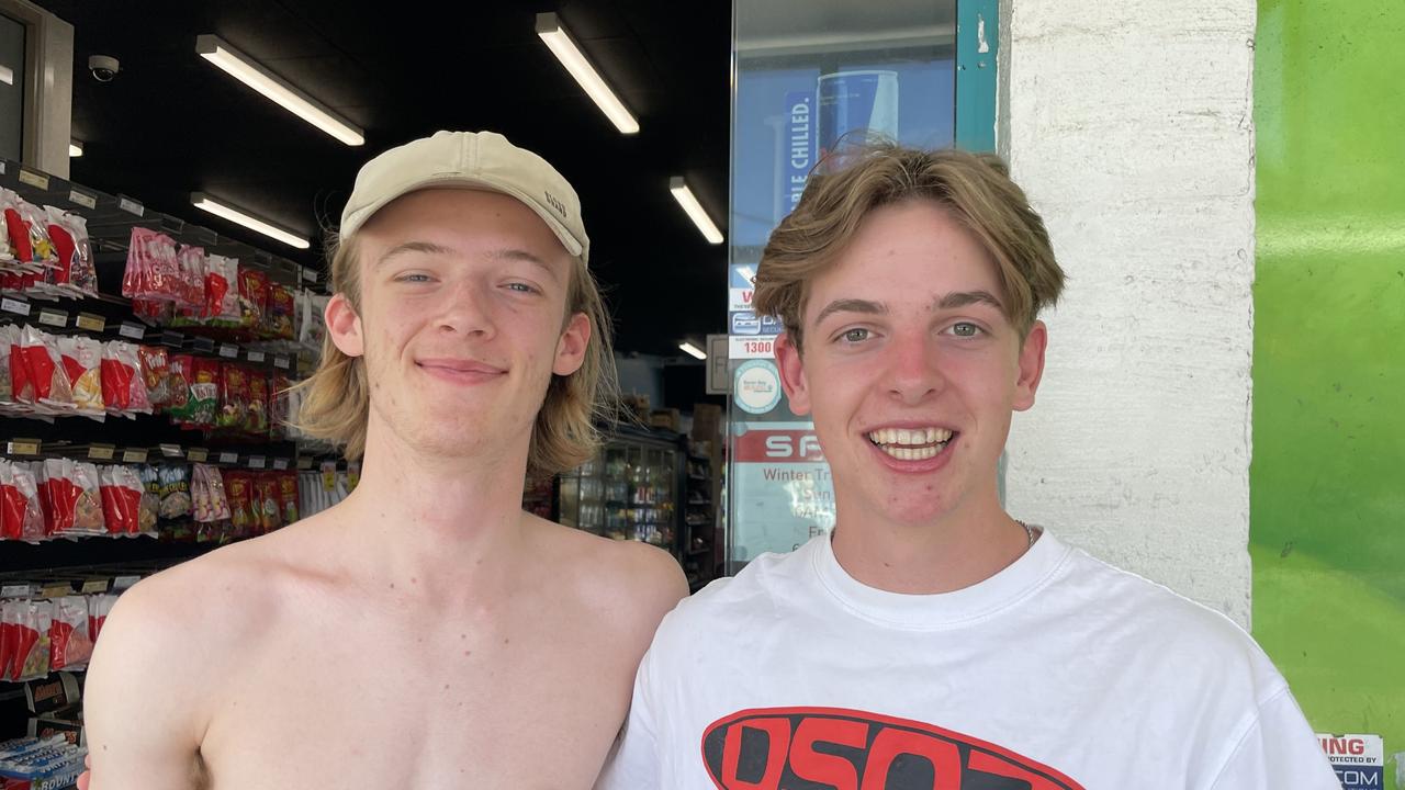 Sam McWilliam, 18, and Henry Collins, 18, at Byron Bay Schoolies celebrations. Picture: Sam Stolz