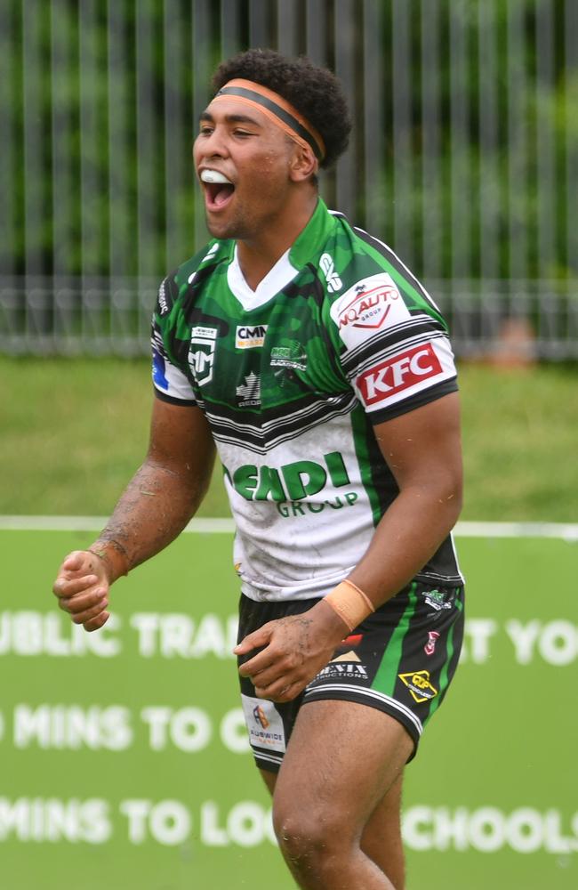 Townsville Blackhawks v Northern Pride action in Under-18s (Mal Meninga Cup) at Jack Manski Oval, March 2023. Blackhawks Jamal Shibasaki scores try. Picture: Evan Morgan