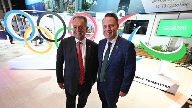 2032 Games organising committee president Andrew Liveris AO with Brisbane Lord Mayor Adrian Schrinner. Picture: Lyndon Mechielsen/Courier Mail