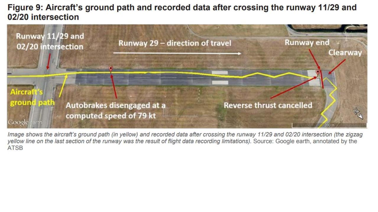 The plane’s ground path (yellow line) as it approached the runway end. Picture: ATSB