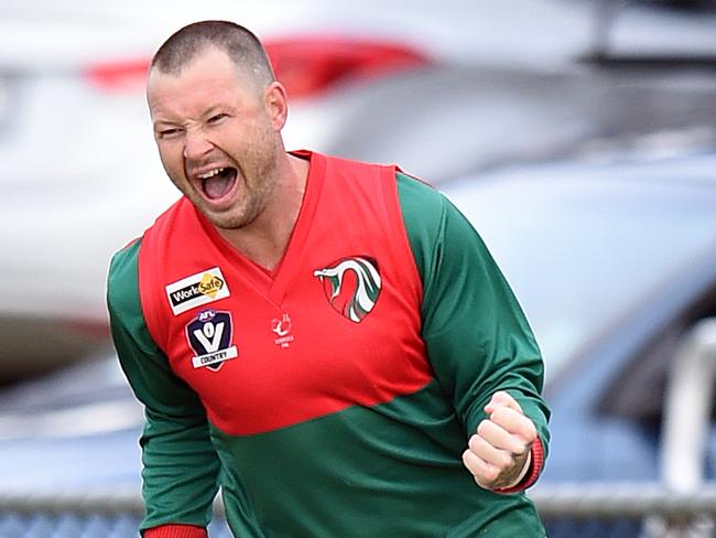 MPNFL Division 1: Mt Eliza v Frankston Pines.Frankston Pines #3 Luke Potts celebrates a last quarter goal.Picture: Jason SammonSaturday 14 April 2018