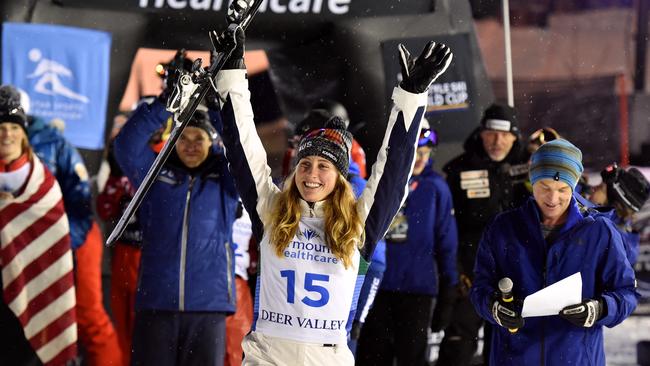 Central Coast skier Abbey Willcox celebrating her podium finish. Pic: Supplied