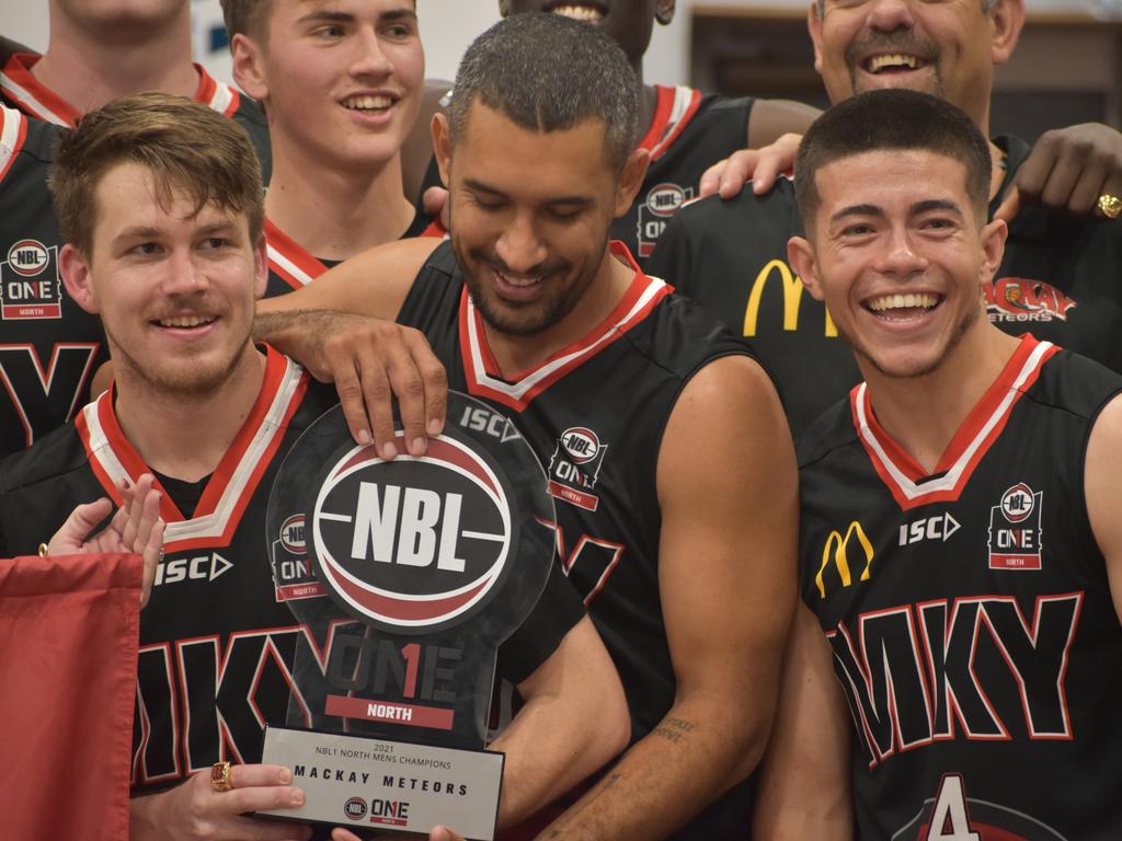 Hayden Wicks, Chris Cedar and Freddy Webb after the NBL1 North grand final between Mackay Meteors and Cairns Marlins, September 11, 2021. Picture: Matthew Forrest