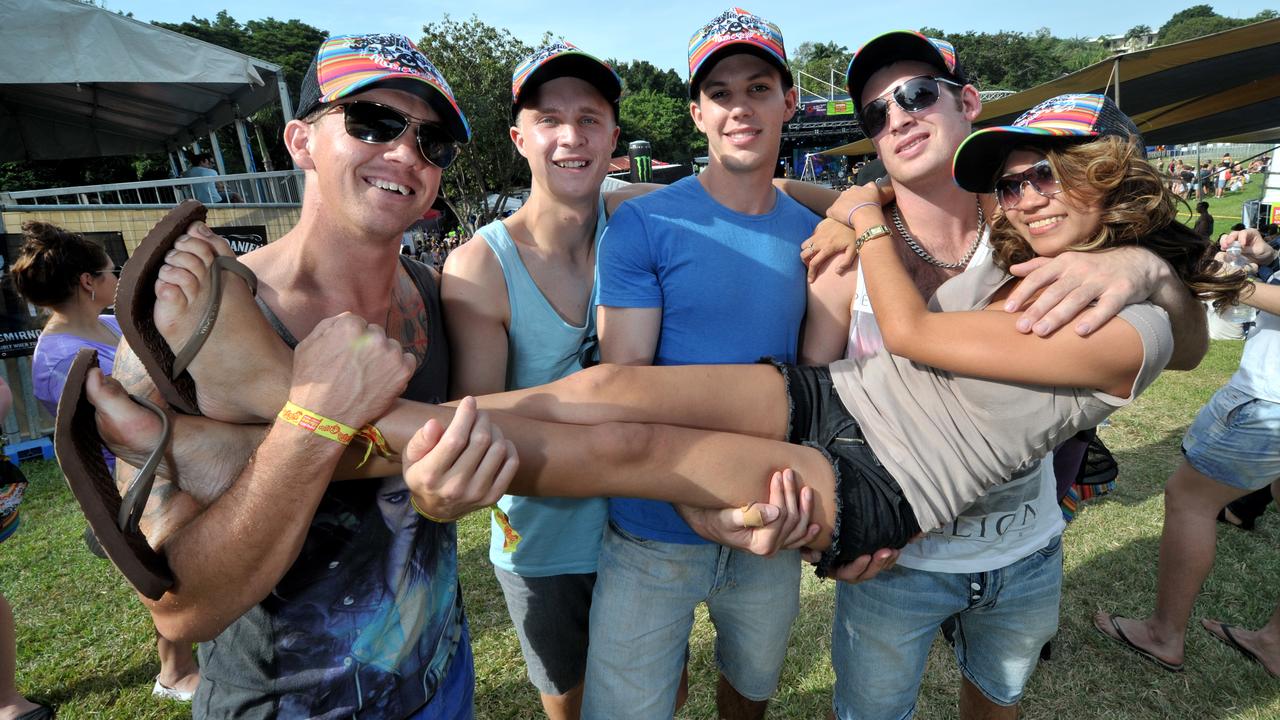 Bass In The Grass. Gary Grooms, Jamie Gregory, Lachlan McDade and Milo Wild hold up Andie Belicke