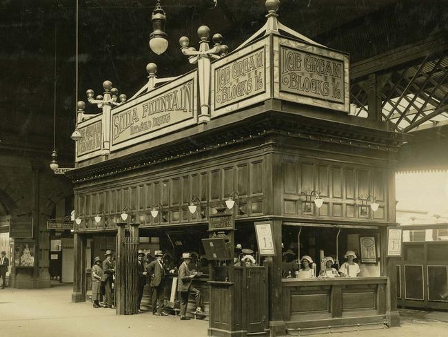 The wooden soda fountain and ticket office on the concourse at Central Station in Sydney in 1920s. Picture: NSW State Archives.