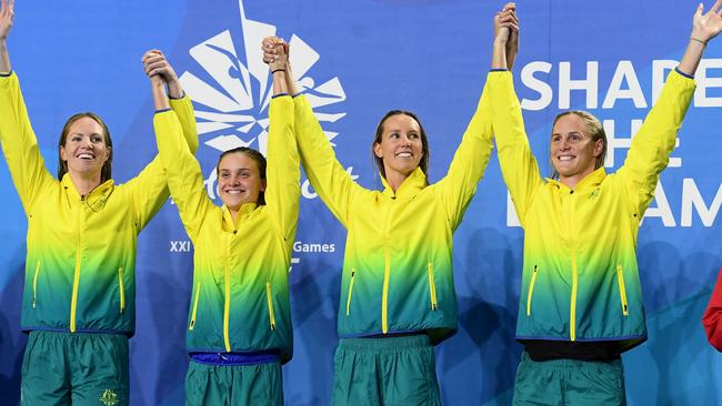 GOLD COAST, AUSTRALIA - APRIL 10: Gold medalists Emily Seebohm, Georgia Bohl, Emma McKeon and Bronte Campbell of Australia pose during the medal ceremony for the Women's 4 x 100m Medley Relay Final on day six of the Gold Coast 2018 Commonwealth Games at Optus Aquatic Centre on April 10, 2018 on the Gold Coast, Australia. (Photo by Quinn Rooney/Getty Images)