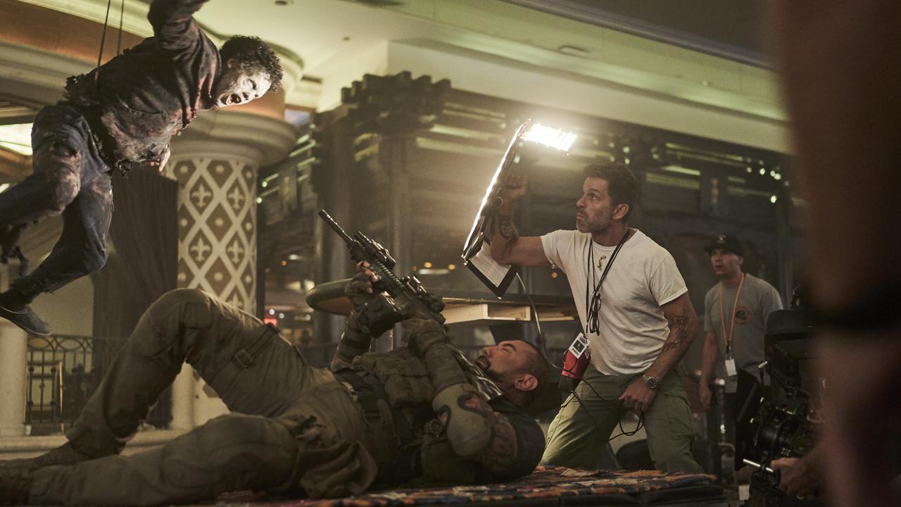 Star Dave Bautista and director Zack Snyder on the set of Army of the Dead.