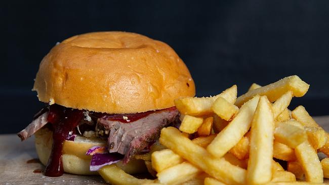 Brisket burger and chips from Pitt Bull Smokehouse. Picture: Harrigan Creative