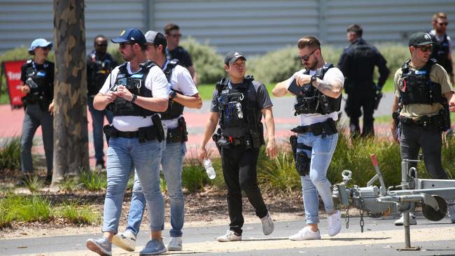 Police and sniffer dogs at Juicy Fest at the Melbourne Showgrounds Picture: Brendan Beckett