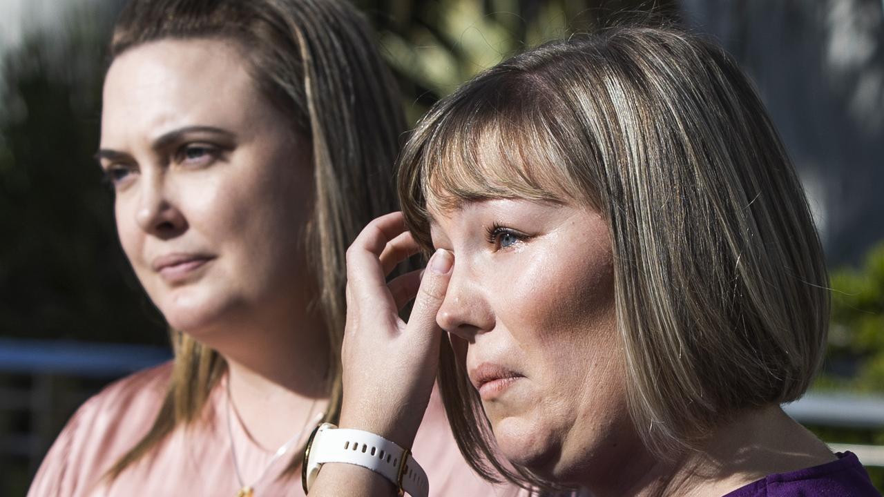 Doreen Langham’s daughters Shayne Probert and Tabitha Bleys talk to the media after a coroner handed down her findings into the Logan woman’s death. Picture: Nigel Hallet