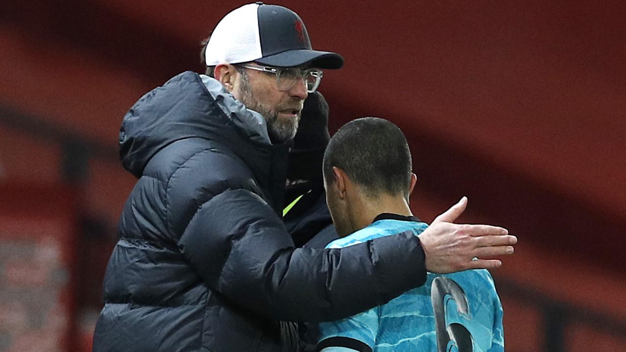Jurgen Klopp embraces Thiago Alcantara during Liverpool’s loss to United in the FA Cup.