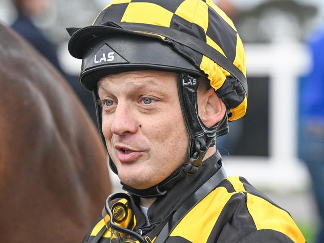 Jason Maskiell after El Poder Del Sol (NZ) won the Geelong Taxi Network Maiden Plate at Geelong Racecourse on April 12, 2024 in Geelong, Australia. (Reg Ryan/Racing Photos via Getty Images)