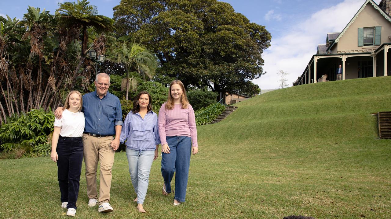 Mr Morrison with wife Jenny and children Abbey and Lily along with dog Buddy at Kirribilli House. Sydney NSW. Picture: Jason Edwards