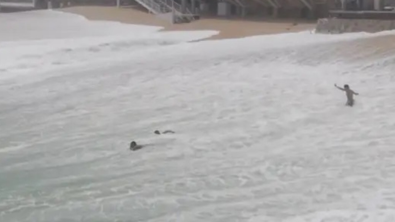 Moment giant wave swallows up swimmers